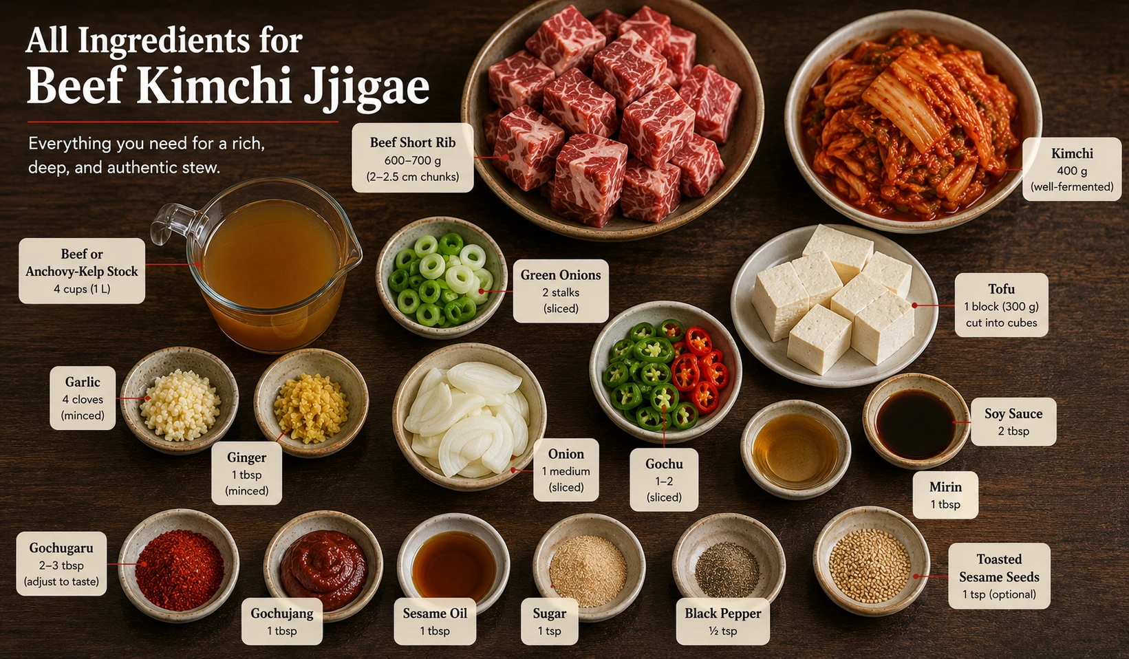 All ingredients for beef kimchi jjigae laid out including kimchi short rib tofu gochugaru