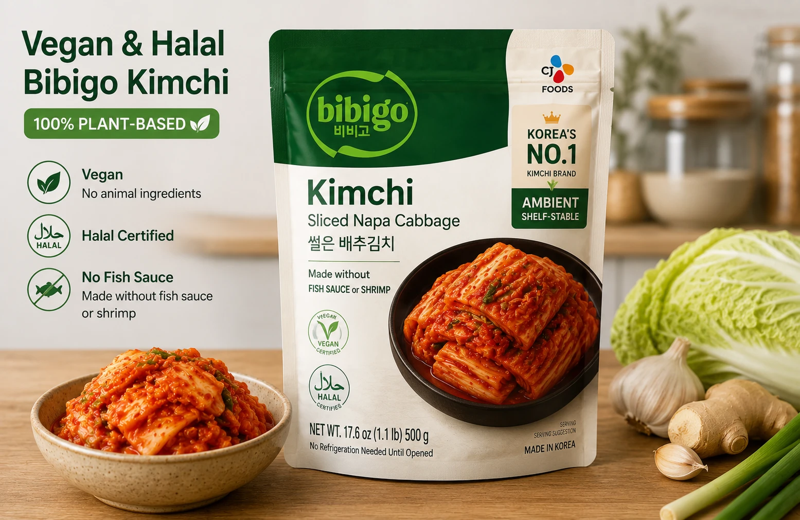 Bibigo vegan halal kimchi ambient shelf stable pouch no fish sauce