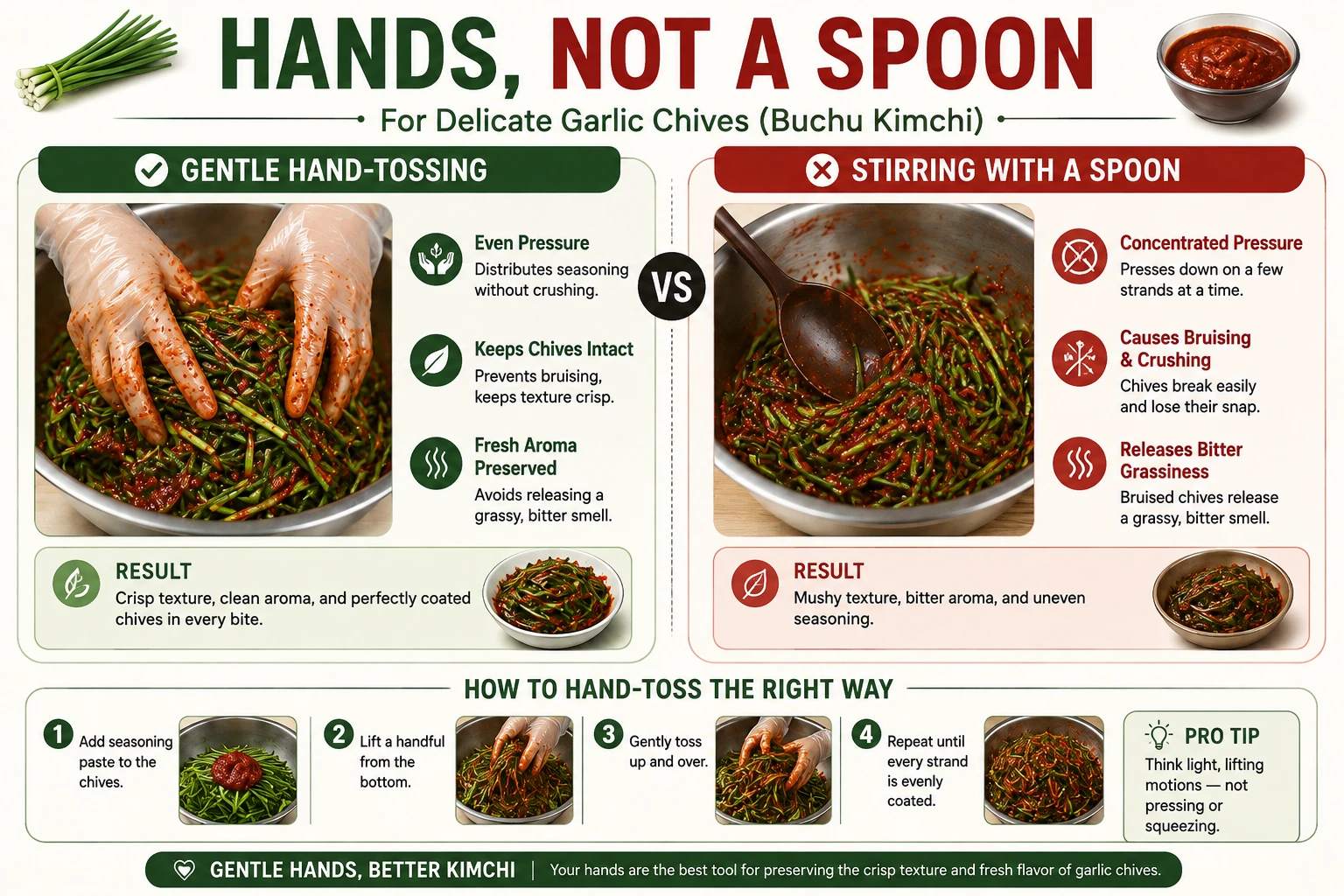 Gently hand tossing garlic chives in red seasoning paste instead of stirring with a spoon