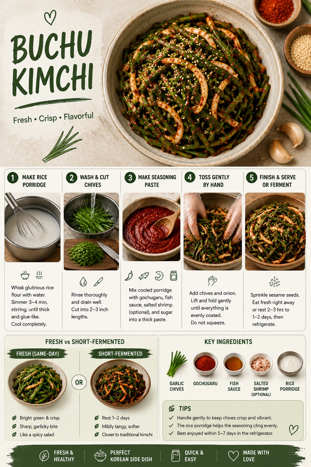 Overhead bowl of finished buchu kimchi garnished with sesame seeds — Pinterest recipe card