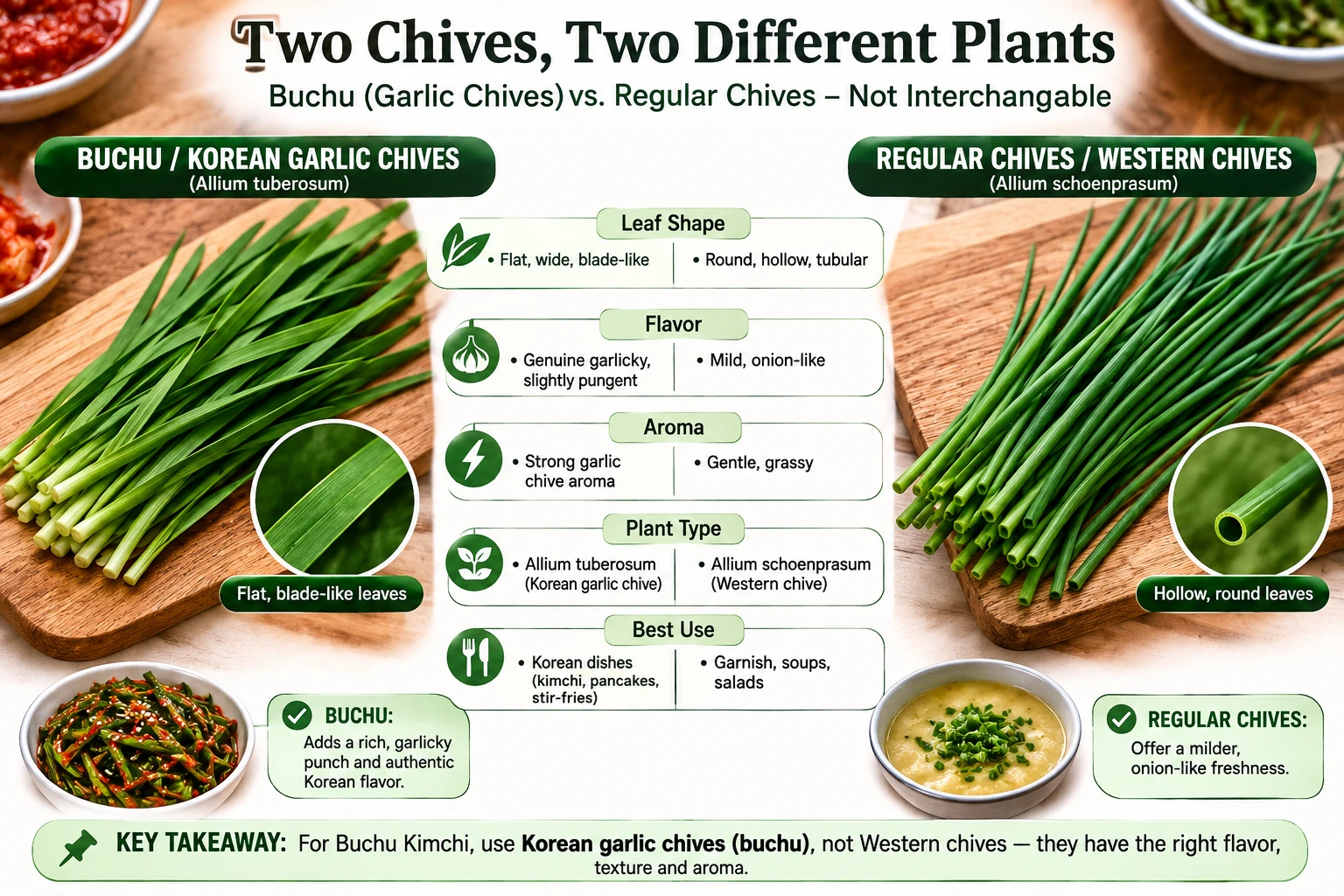 Side by side comparison of flat bladed Korean garlic chives versus hollow round Western chives