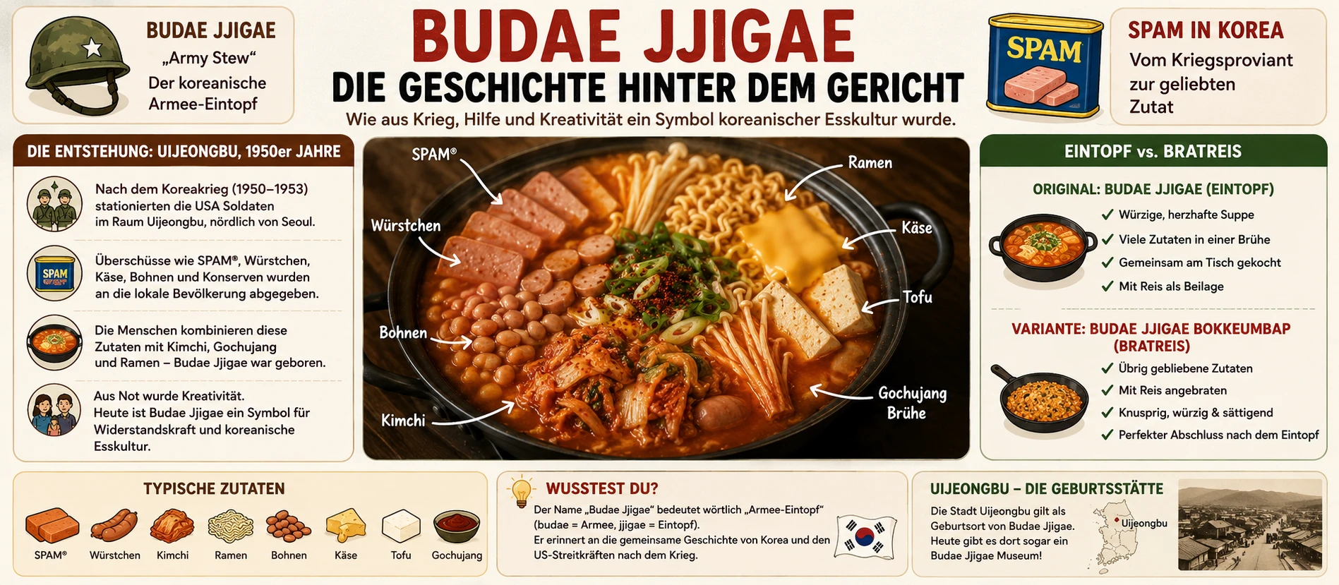 Historischer Kontext von Budae Jjigae — koreanischer Armee-Eintopf mit Spam, Ursprung in Uijeongbu nach dem Koreakrieg