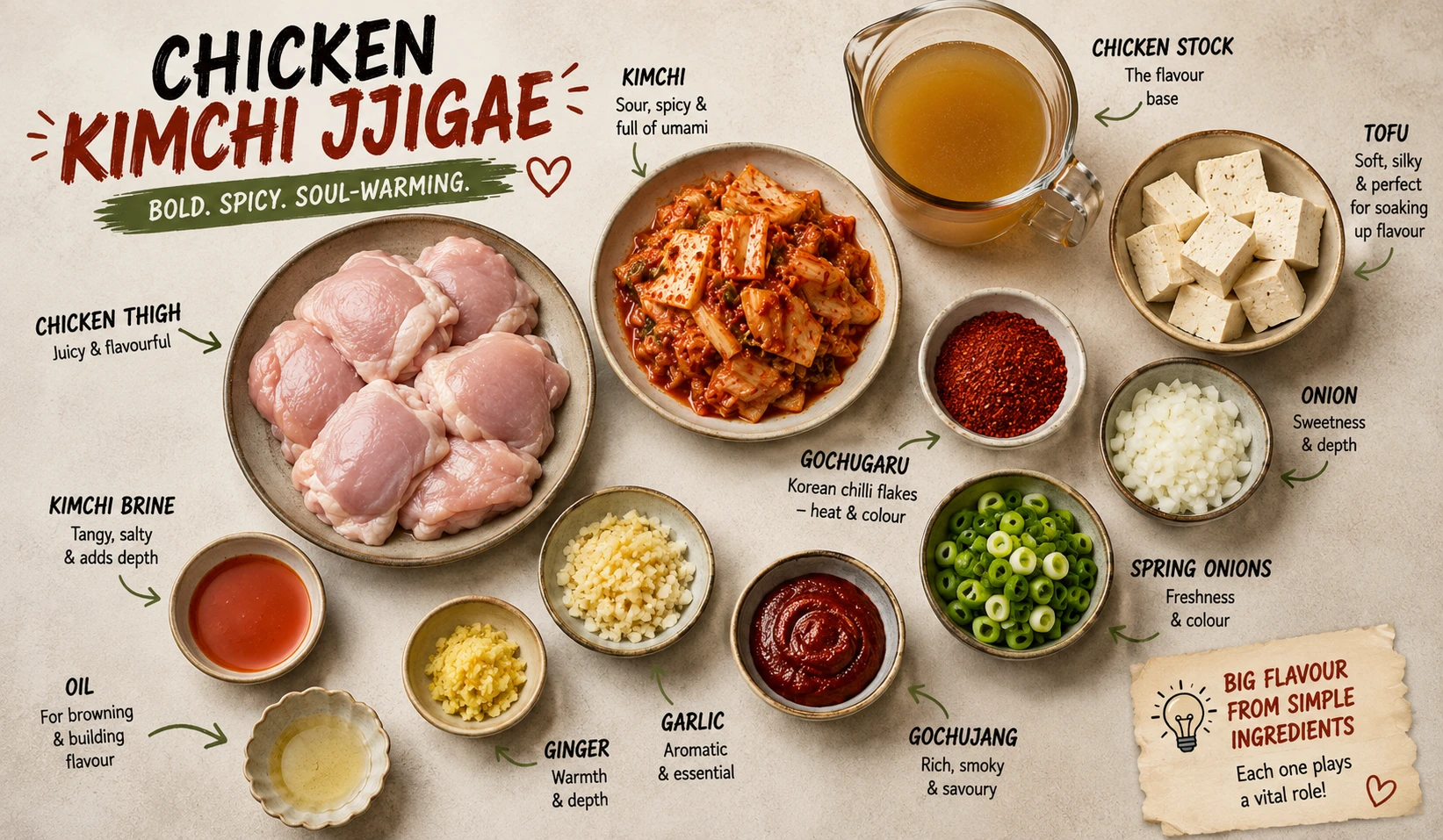 All ingredients for chicken kimchi jjigae laid out including kimchi chicken thigh tofu gochugaru