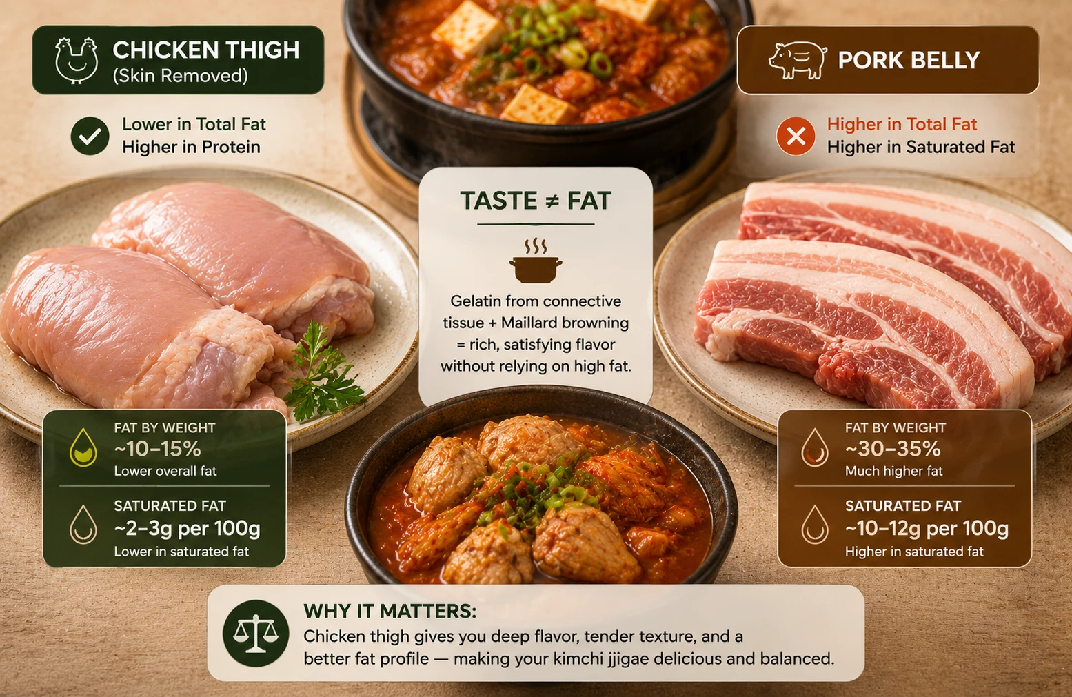 Chicken thigh versus pork belly saturated fat comparison kimchi jjigae