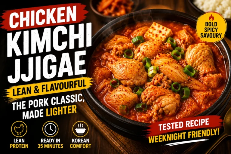 Chicken kimchi jjigae with browned chicken thighs, kimchi, tofu, and scallions