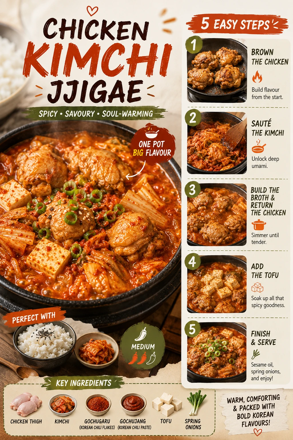 Chicken kimchi jjigae bubbling in stone pot with tender chicken thigh and tofu