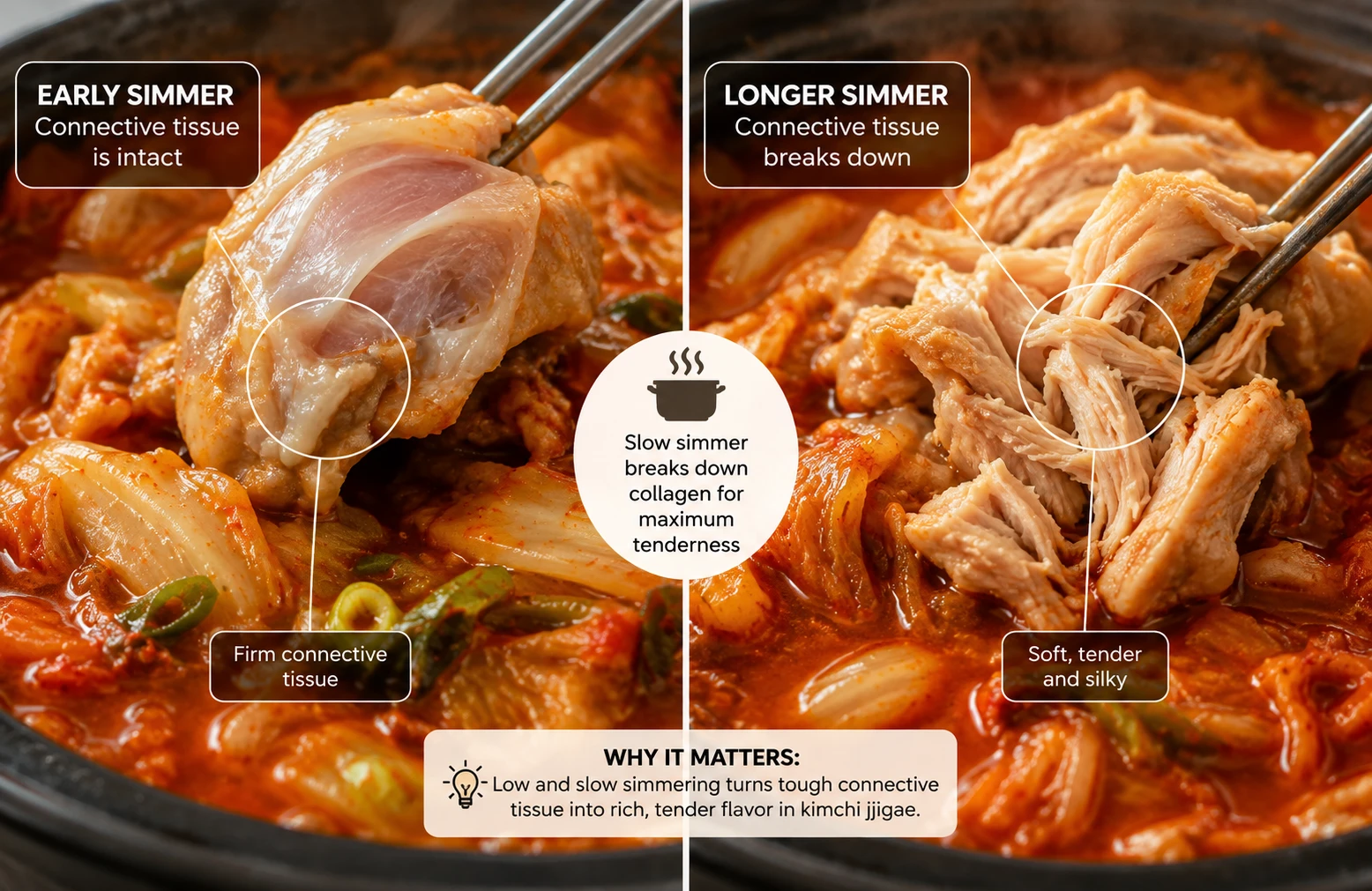 Chicken thigh connective tissue breaking down during simmer for kimchi jjigae