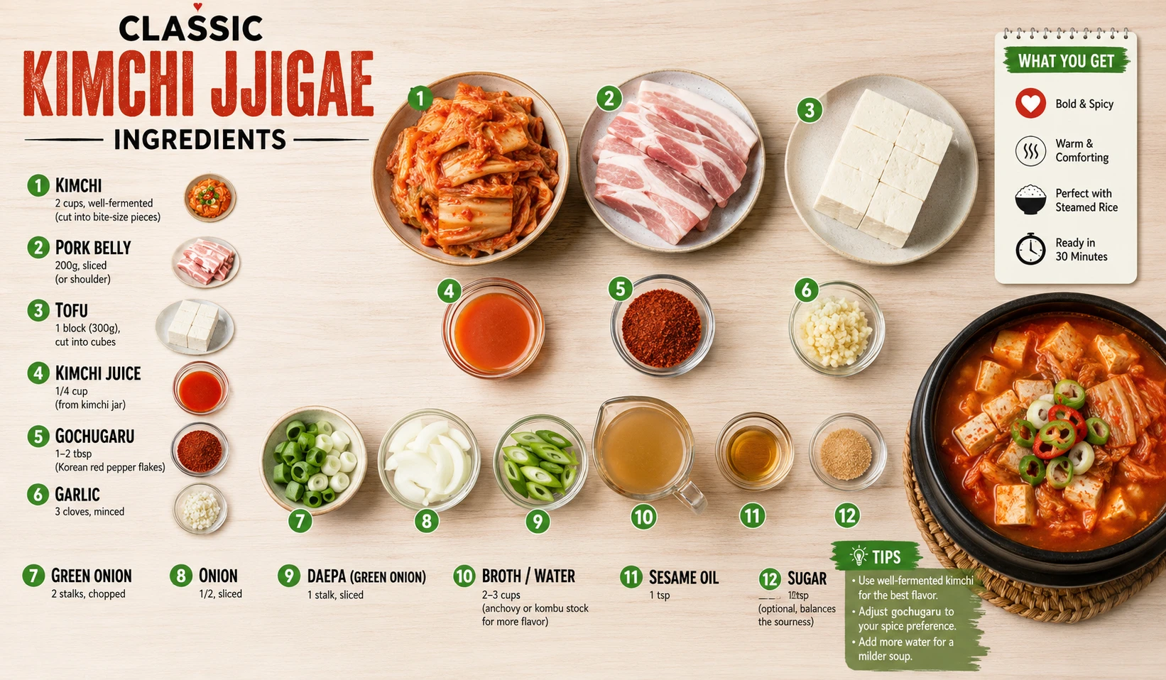 All ingredients for classic kimchi jjigae laid out including pork belly kimchi tofu gochugaru