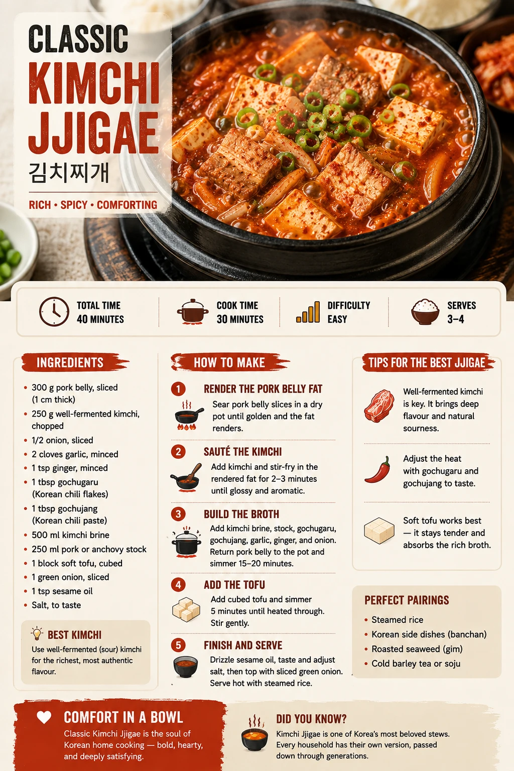 Classic kimchi jjigae bubbling in stone pot with pork belly and tofu in a deep red broth