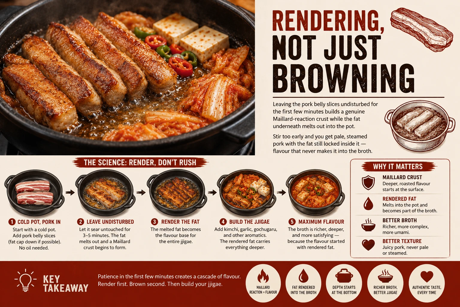Searing pork belly undisturbed for Maillard reaction crust classic kimchi jjigae