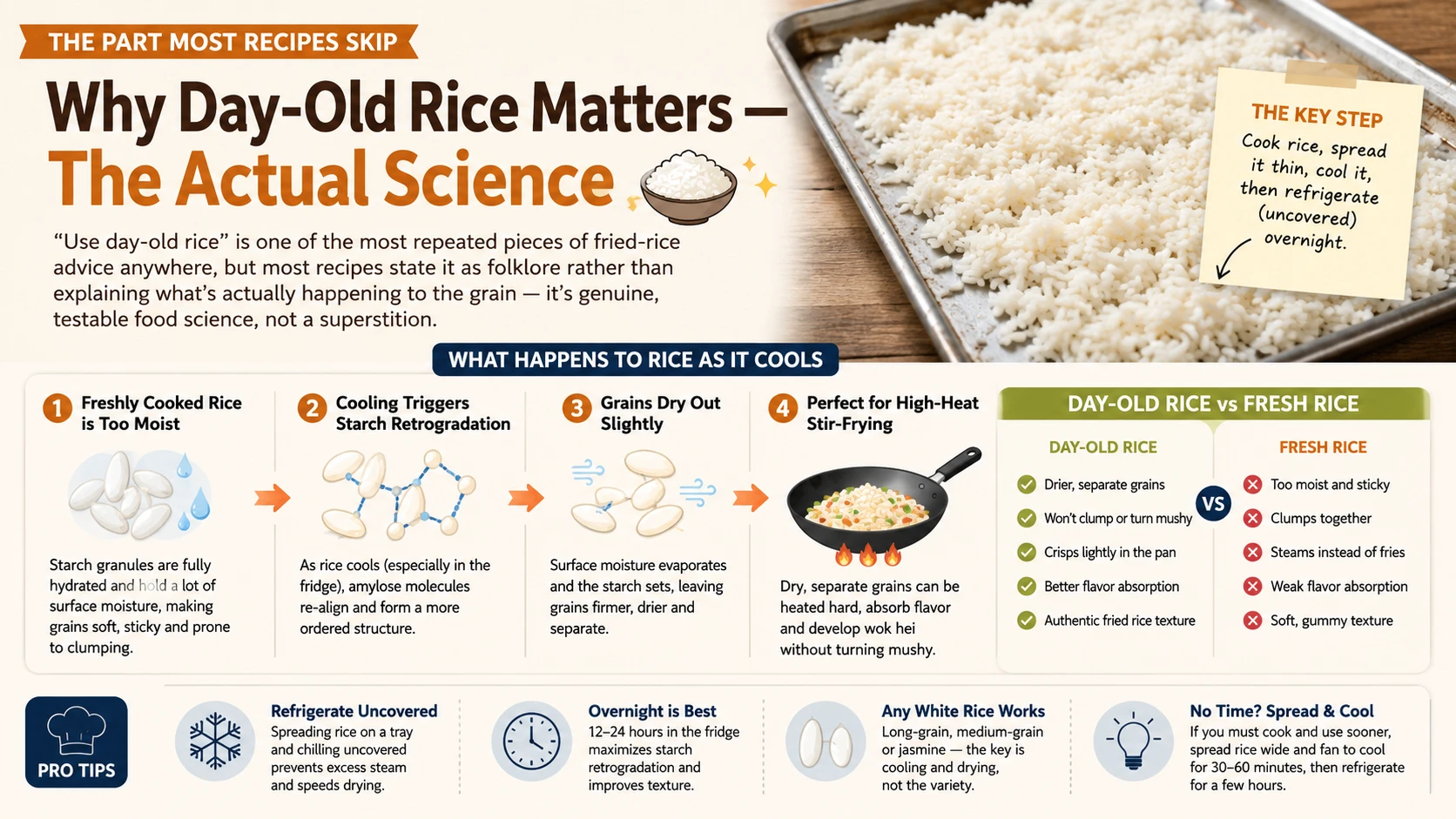 Cooked white rice spread thin on a sheet pan to cool before refrigerating for fried rice