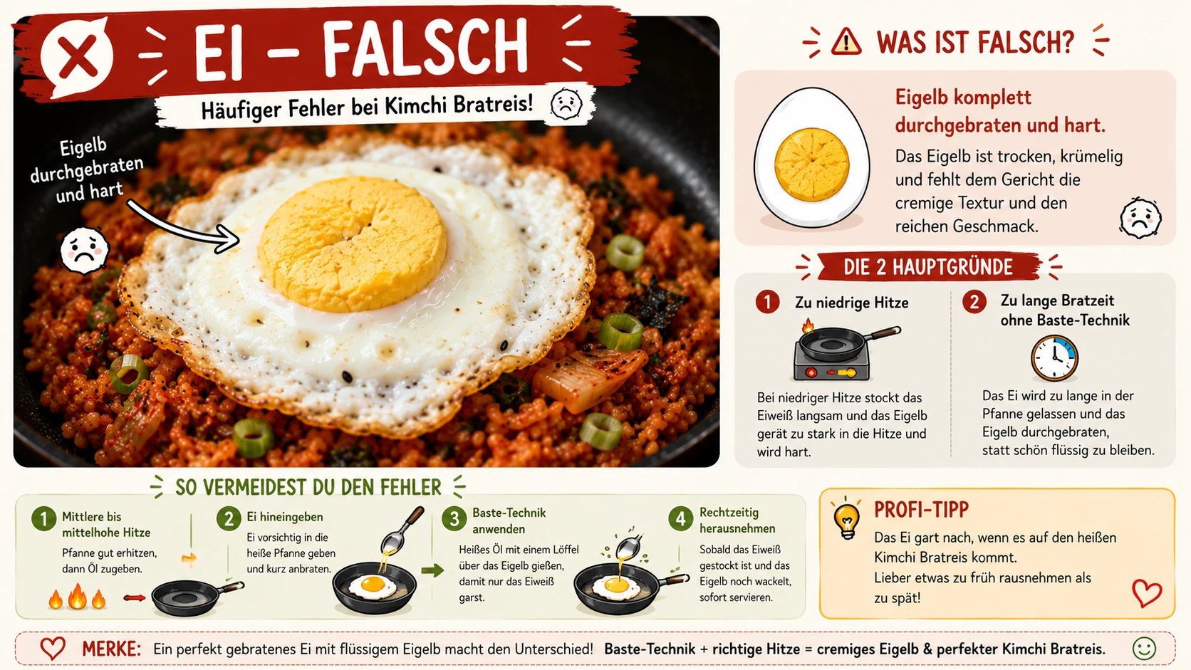Falsch gebratenes Ei — Eigelb durchgebraten und hart statt flüssig, häufiger Fehler bei Kimchi Bratreis