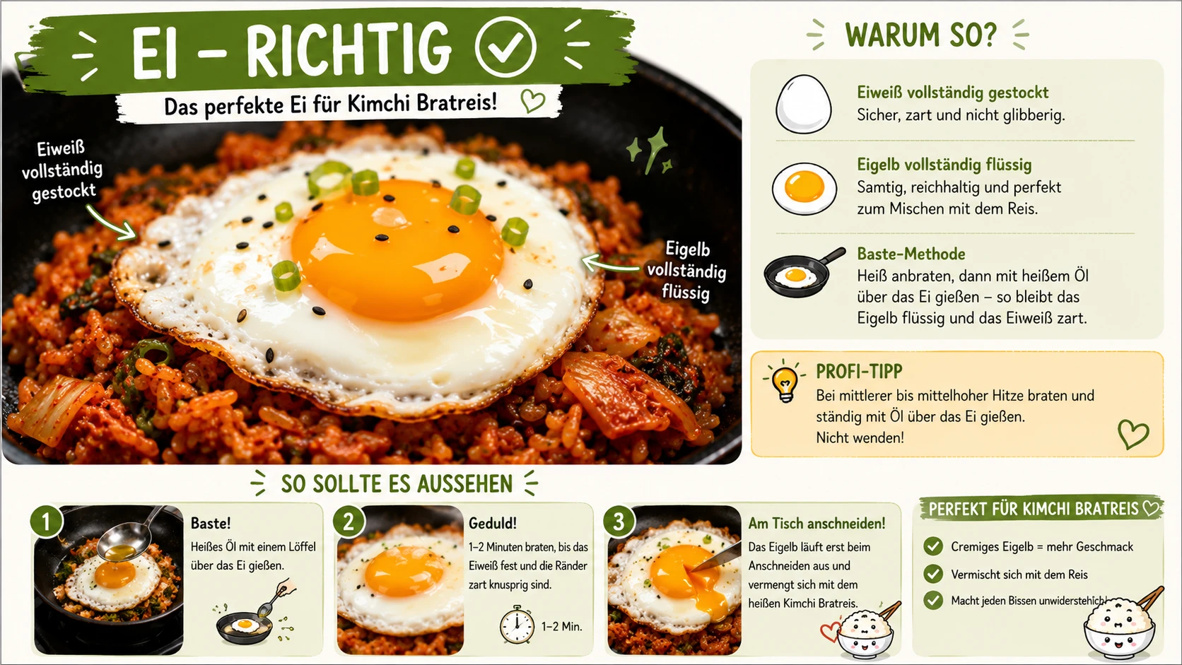 Richtig baste-gebratenes Ei — Eiweiß vollständig gestockt, Eigelb vollständig flüssig, klassisches Kimchi Bratreis
