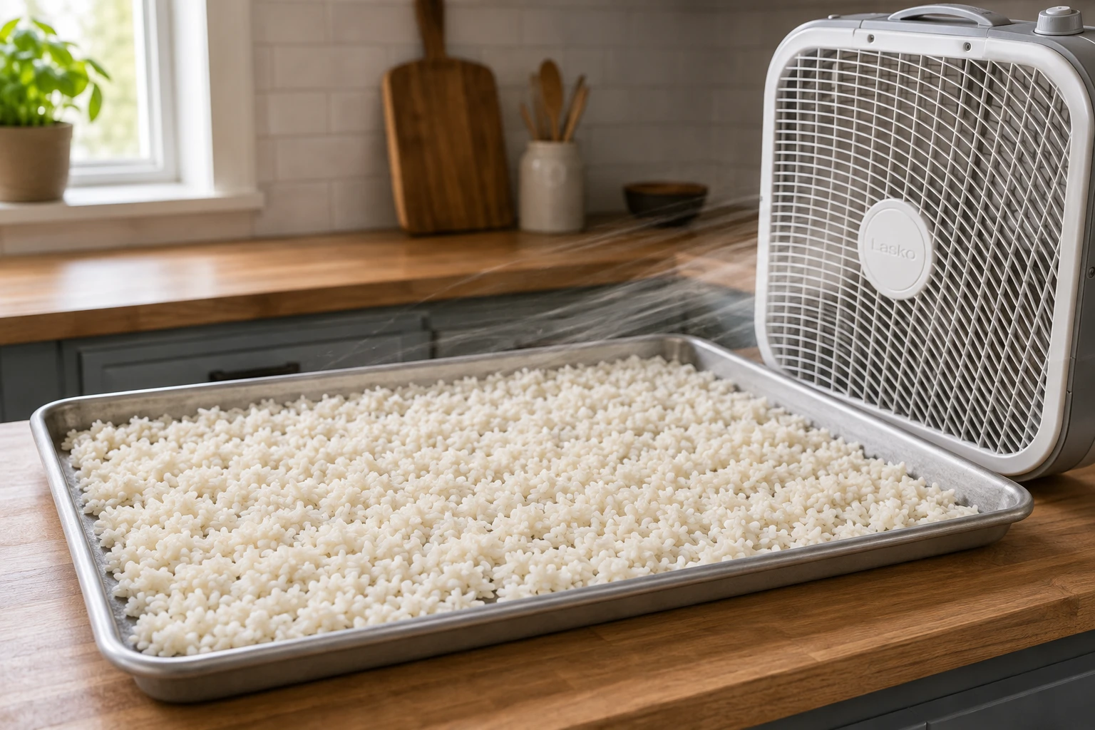 A box fan blowing across a tray of spread rice on a kitchen counter to speed up drying