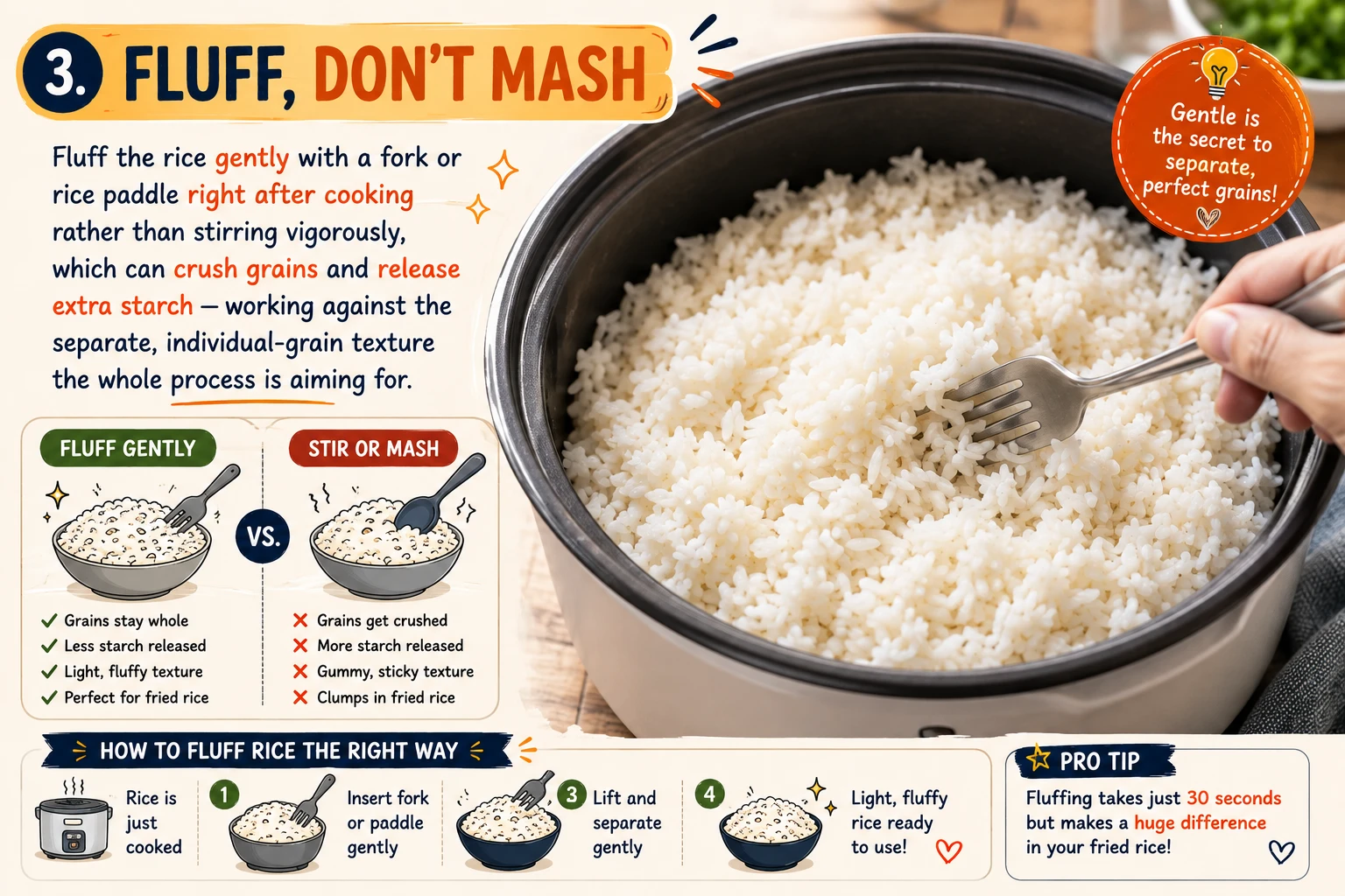Fluffing freshly cooked rice gently with a fork right after cooking