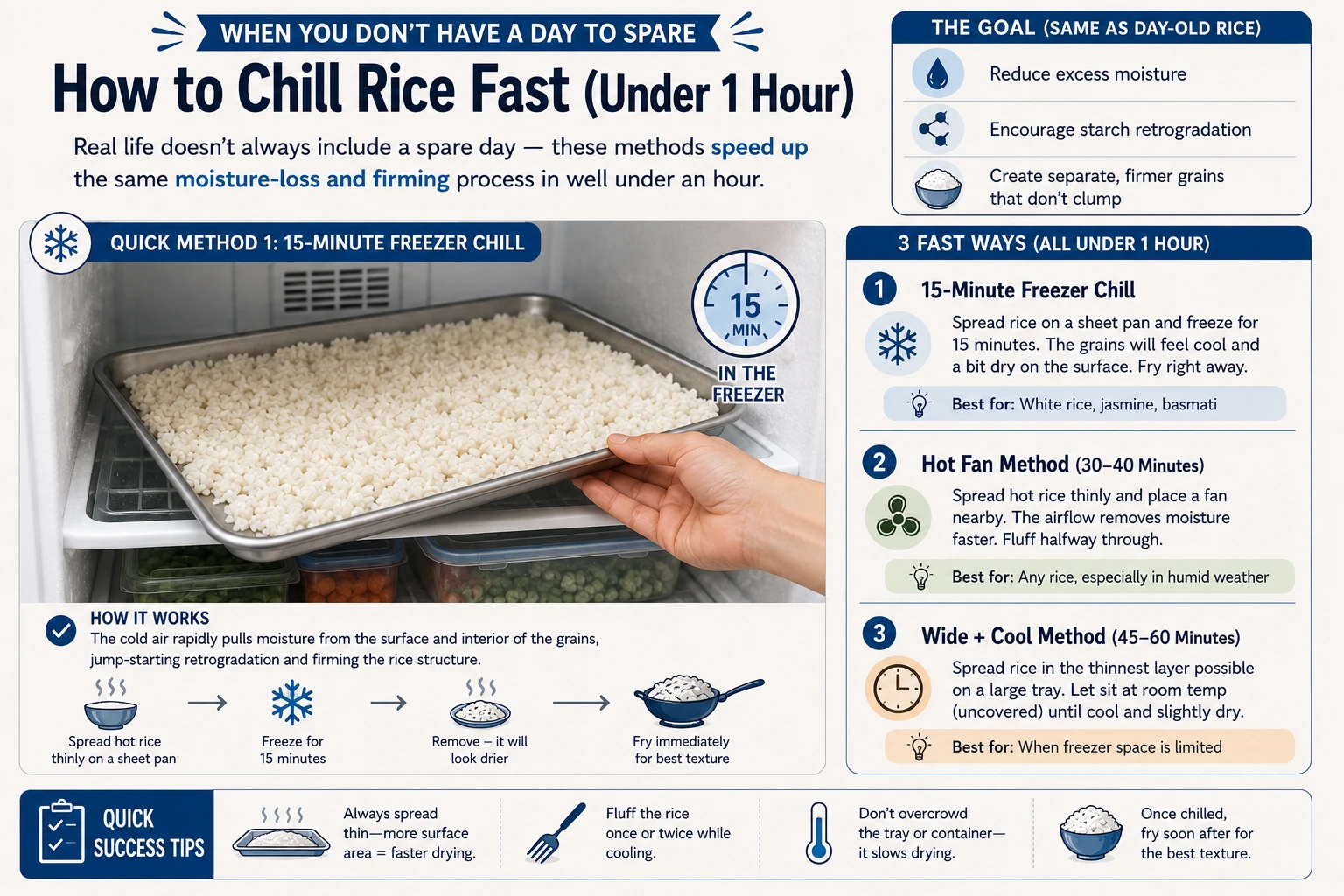 Sheet pan of freshly cooked rice going into the freezer as a 15-minute quick-chill method