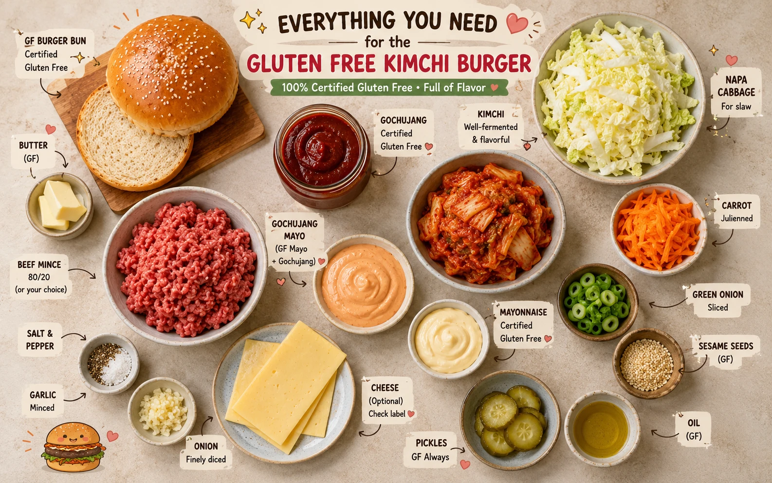 Flat lay of every ingredient needed for the gluten free kimchi burger recipe including certified GF bun, beef mince, GF gochujang, kimchi, cheese and napa cabbage