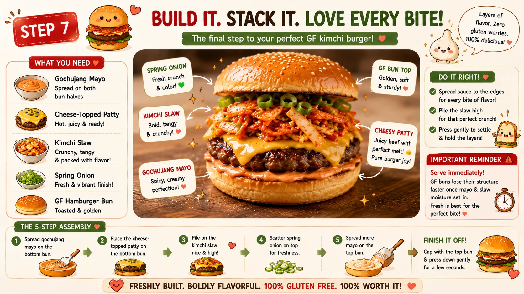 Assembling gluten free kimchi burger layering gochujang mayo cheese topped patty and kimchi slaw on GF bun