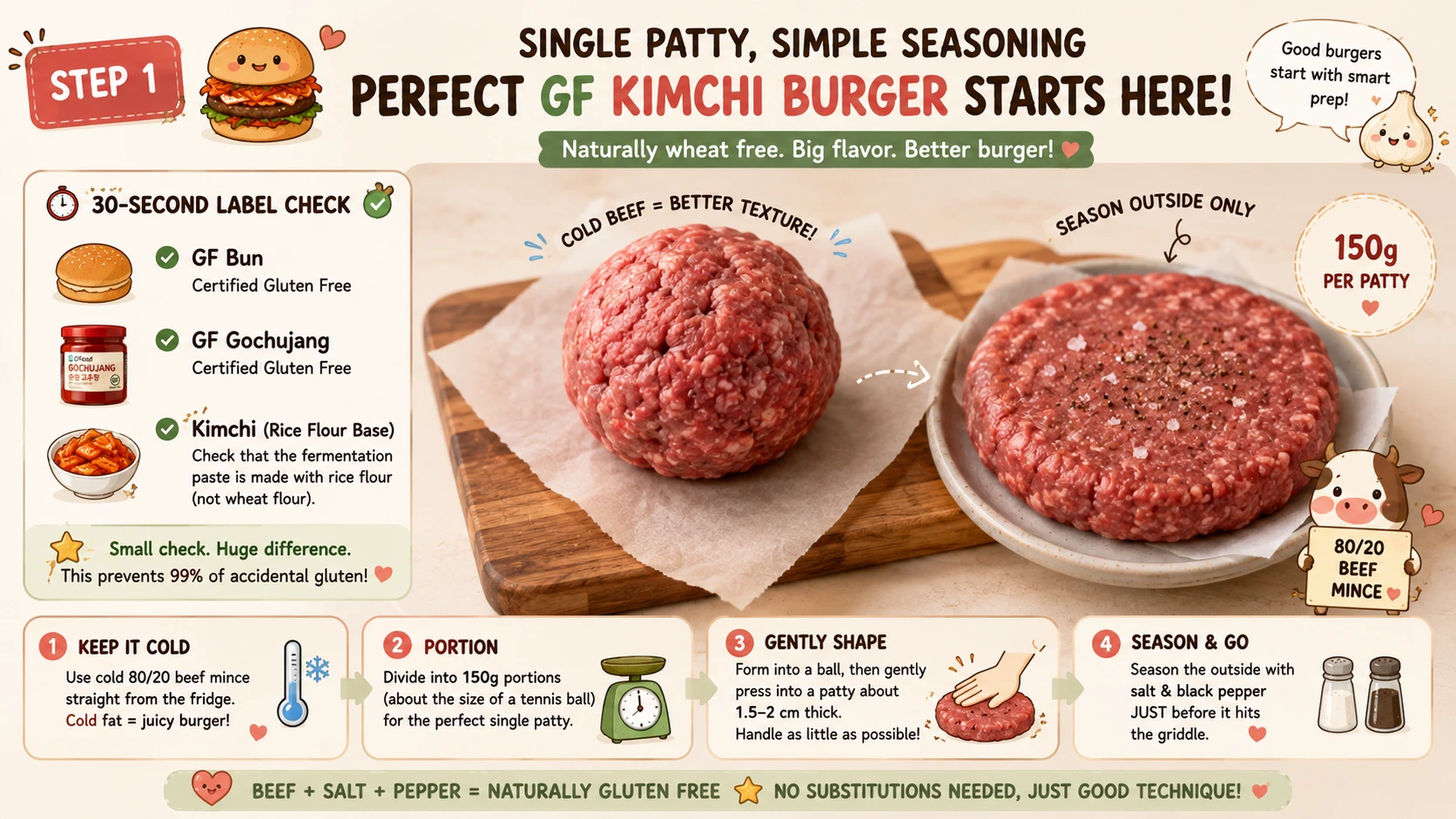 Cold 80/20 beef mince being formed into a 150 gram patty for a gluten free kimchi burger, naturally wheat free