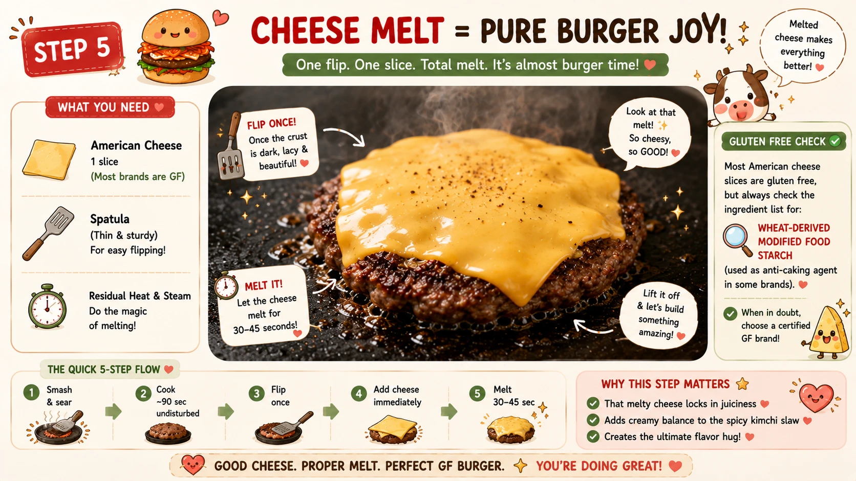 American cheese slice melting on a smashed beef patty on the griddle for gluten free kimchi burger