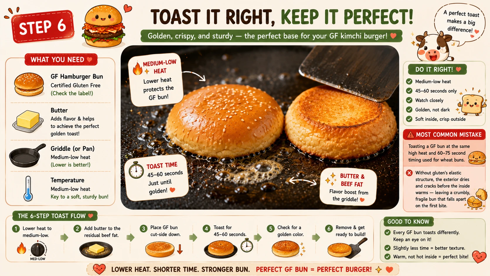 Certified gluten free hamburger bun toasting cut side down in butter at medium low heat on griddle