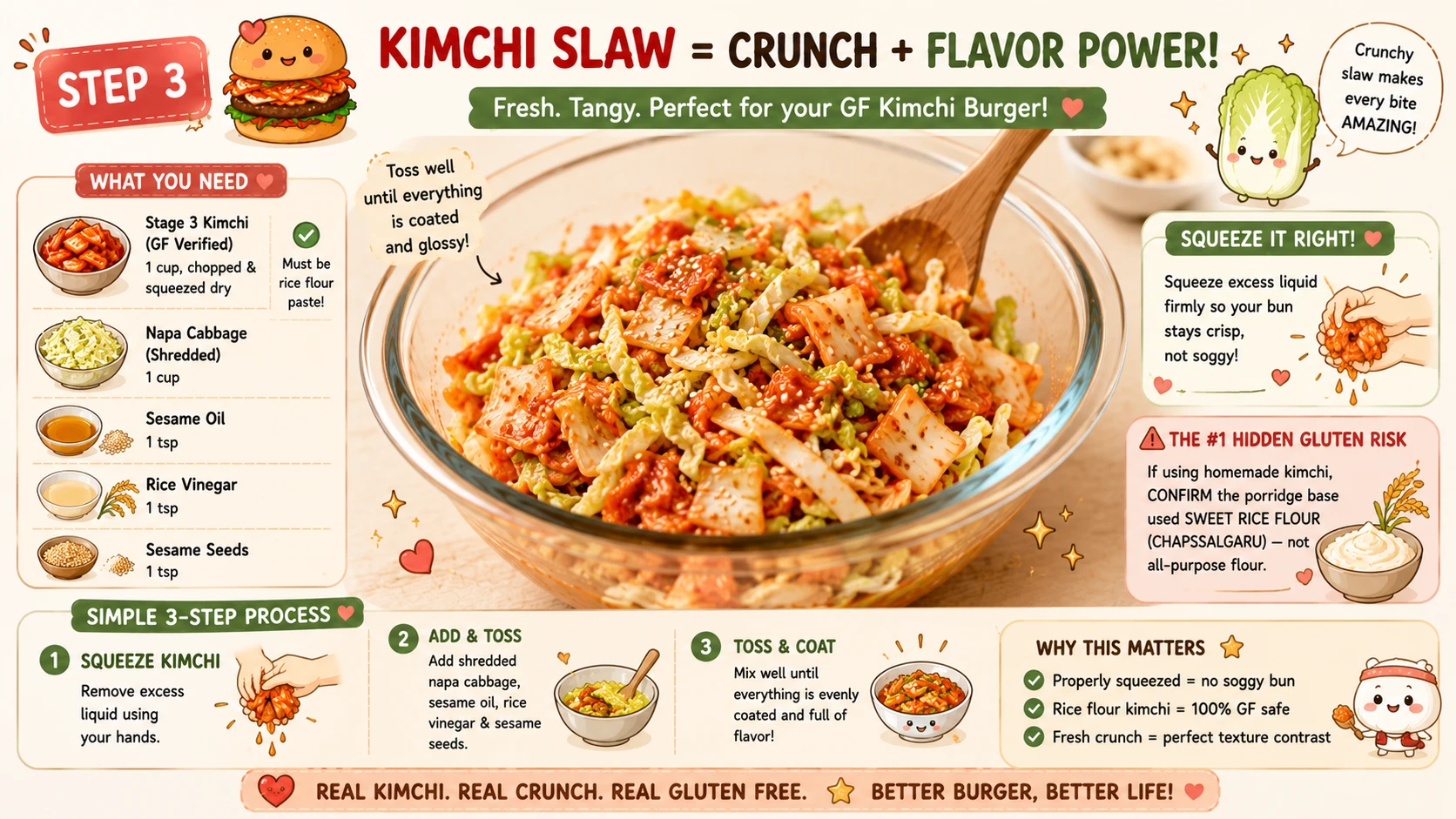 GF verified rice flour paste kimchi being tossed with shredded napa cabbage sesame oil and rice vinegar for gluten free kimchi burger slaw