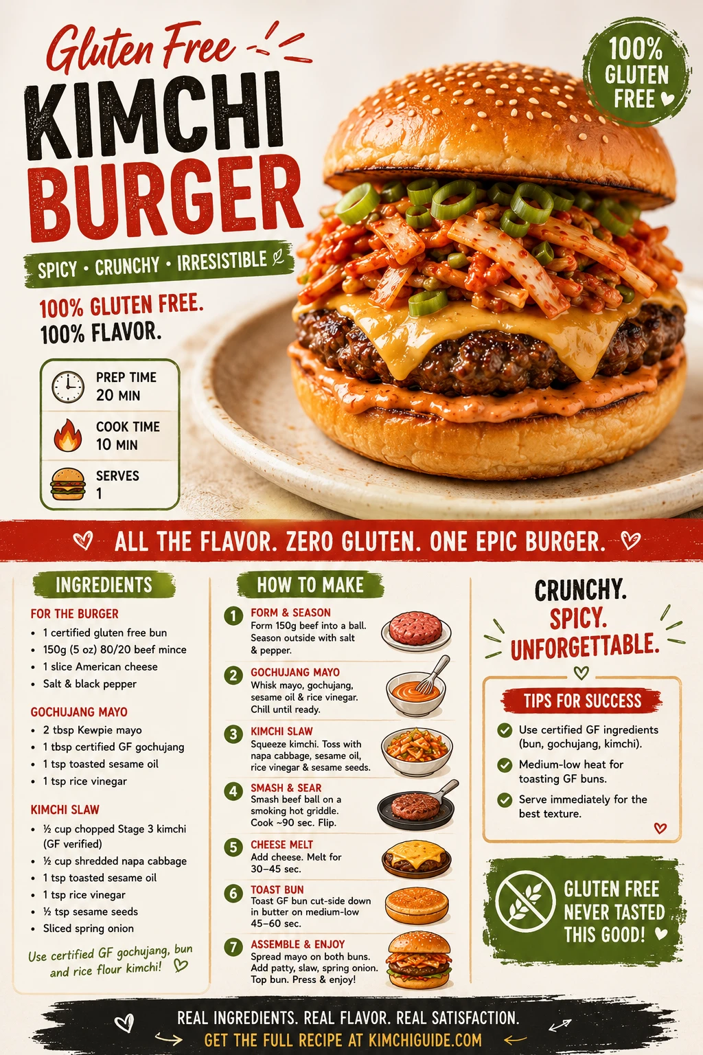 Overhead shot of gluten free kimchi burger with certified GF bun, beef patty, gochujang mayo and kimchi slaw — Pinterest recipe card