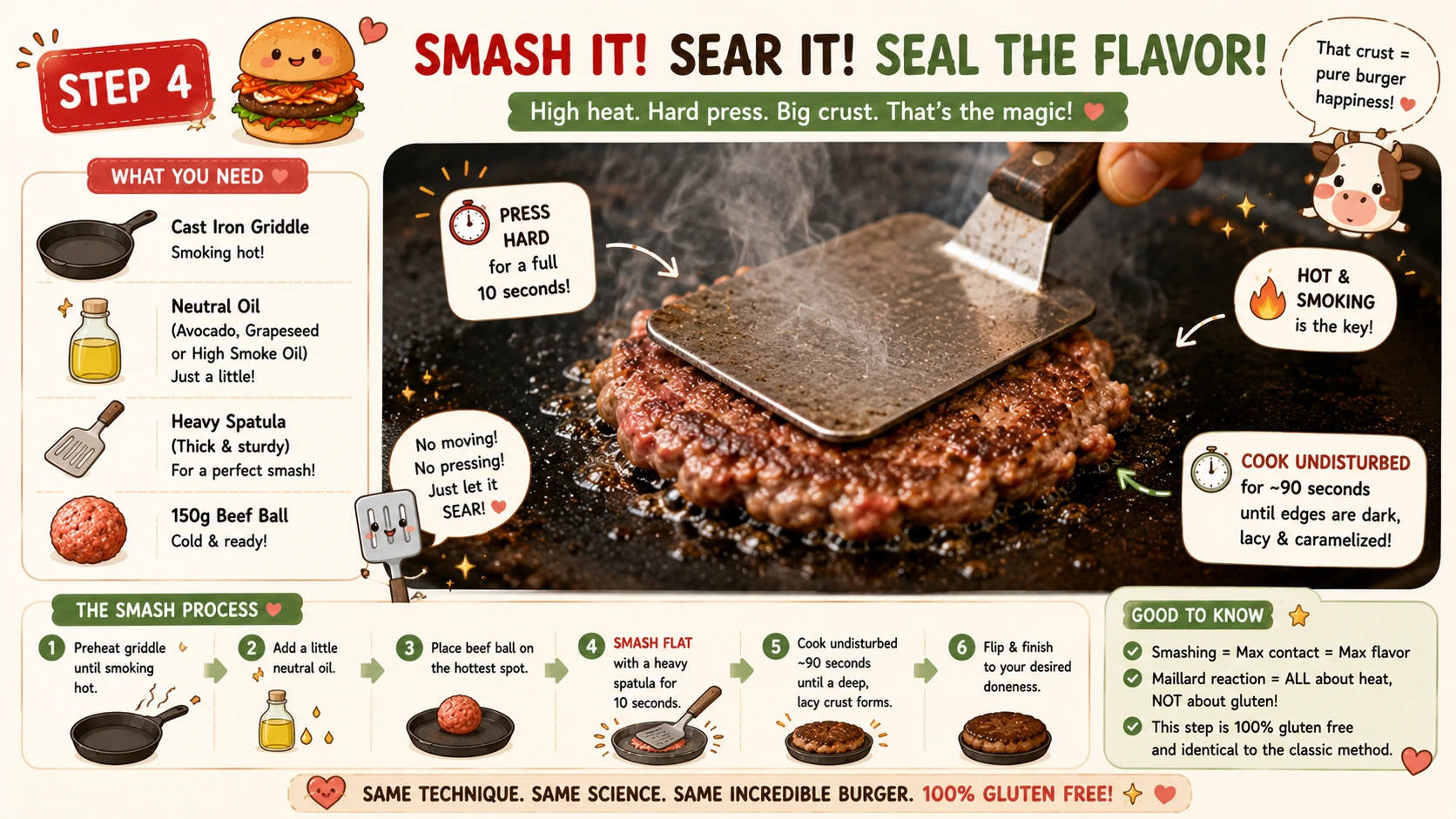 Beef ball being smashed flat on a smoking cast iron griddle with a heavy spatula for gluten free kimchi burger