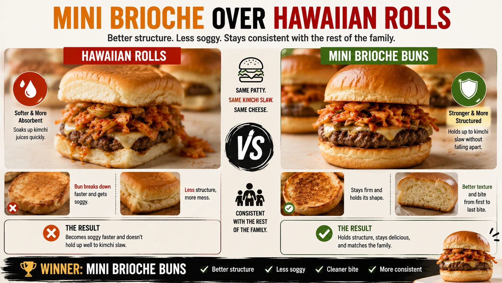 Hawaiian rolls compared against mini brioche buns for kimchi burger sliders