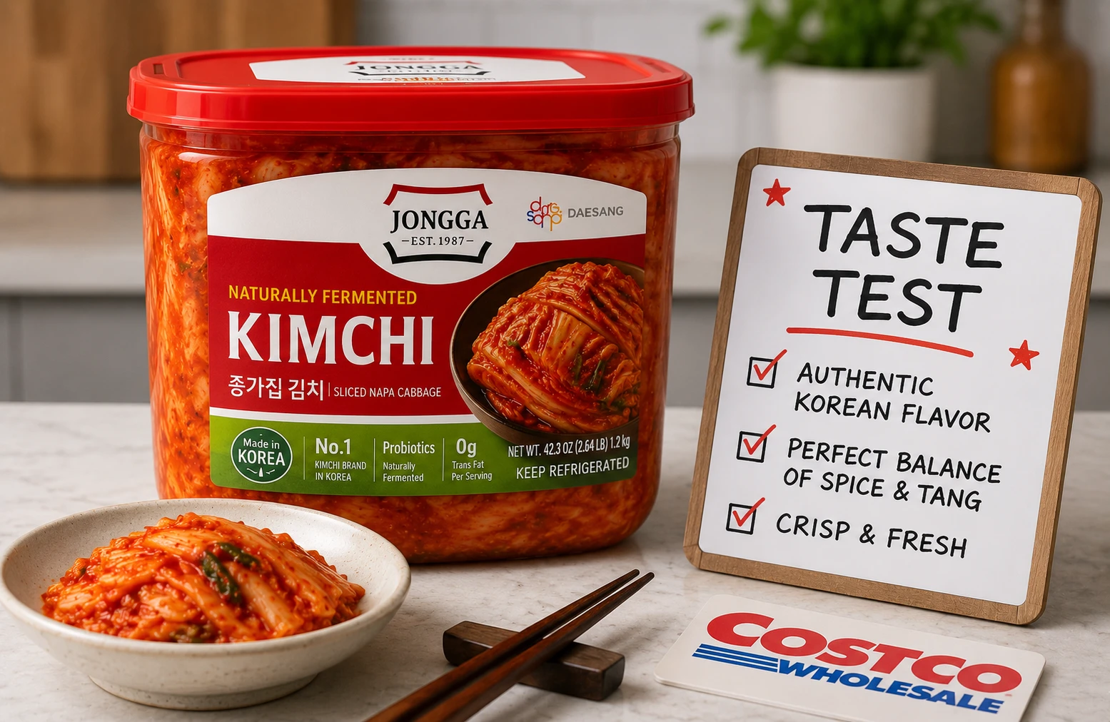 Jongga kimchi Costco tub taste test authentic Korean flavor