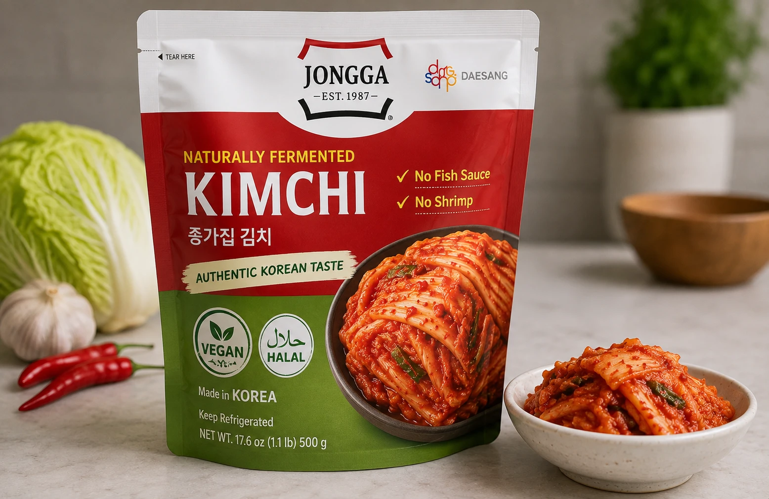 Jongga vegan halal kimchi pouch no fish sauce shrimp