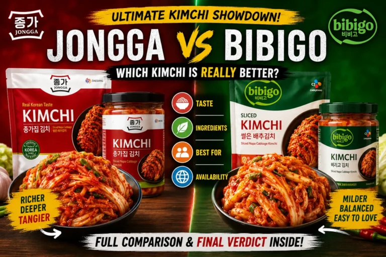 Jongga vs Bibigo kimchi comparison showing Korean kimchi brands, napa cabbage kimchi, taste differences, and final verdict