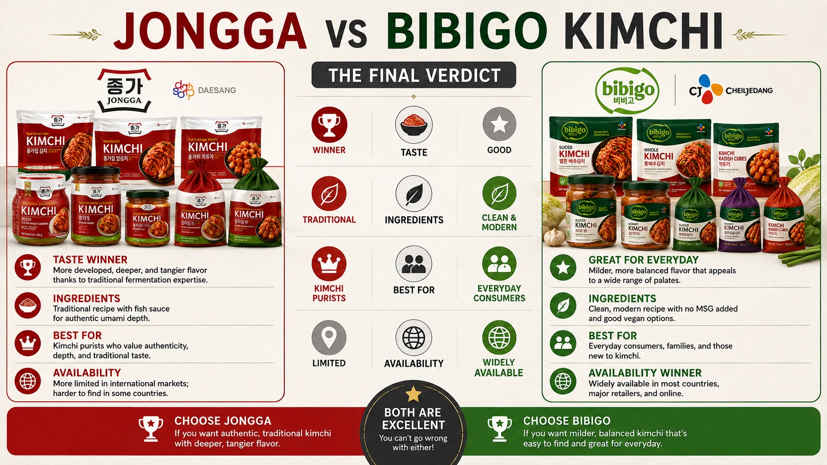 Jongga vs Bibigo kimchi final verdict infographic taste winner availability winner