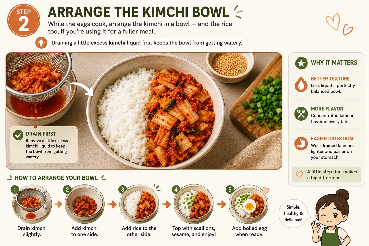 Chopped kimchi arranged in a bowl with rice