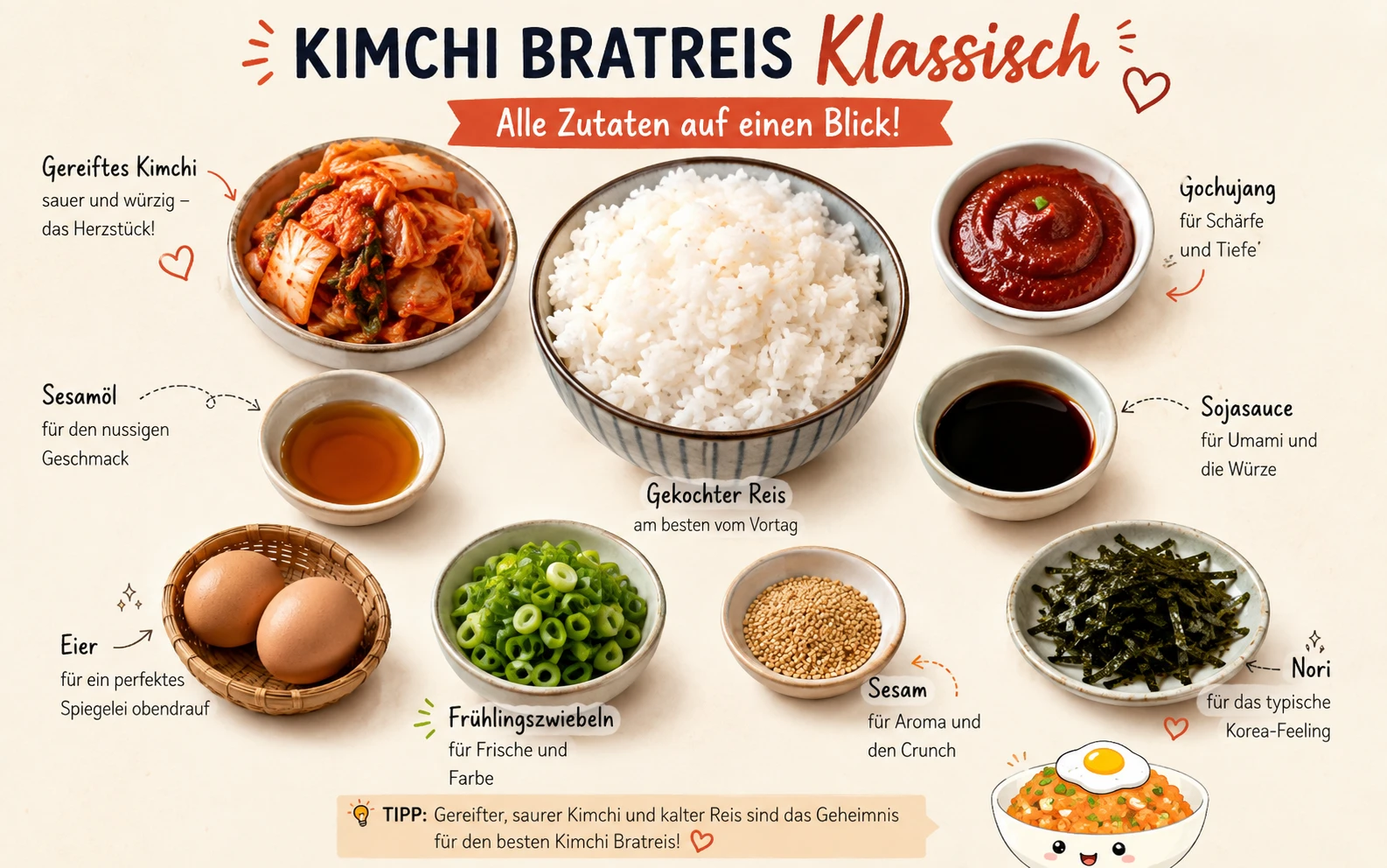Alle Zutaten für klassisches Kimchi Bratreis auf einen Blick — Reis, gereiftes Kimchi, Gochujang, Sesamöl, Sojasauce, Eier, Frühlingszwiebeln, Sesam und Nori