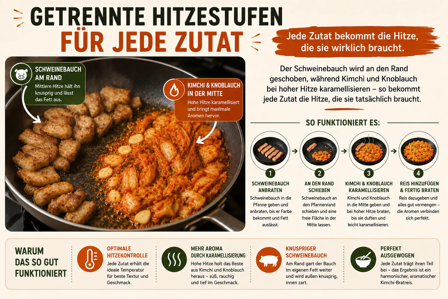 Schweinebauch wird an den Pfannenrand geschoben während Kimchi karamellisiert