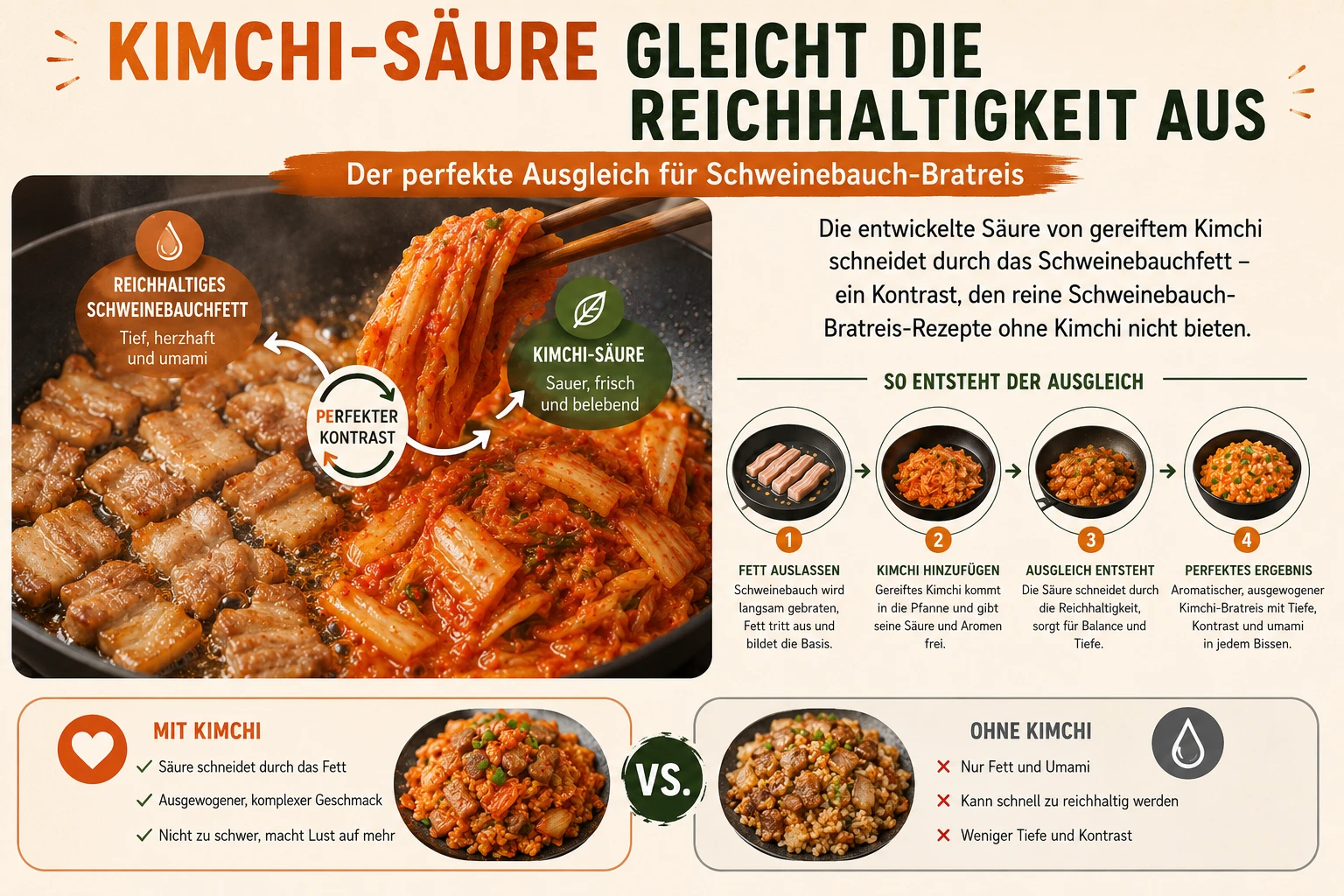 Gereiftes Kimchi gleicht die Reichhaltigkeit des Schweinebauchfetts aus