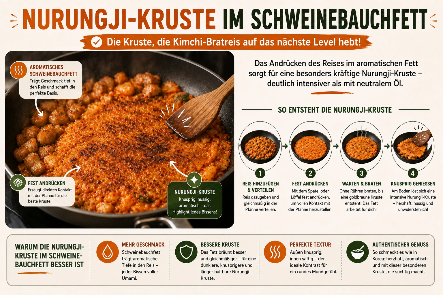 Reis mit Nurungji Kruste am Pfannenboden für Kimchi-Bratreis mit Schweinebauch