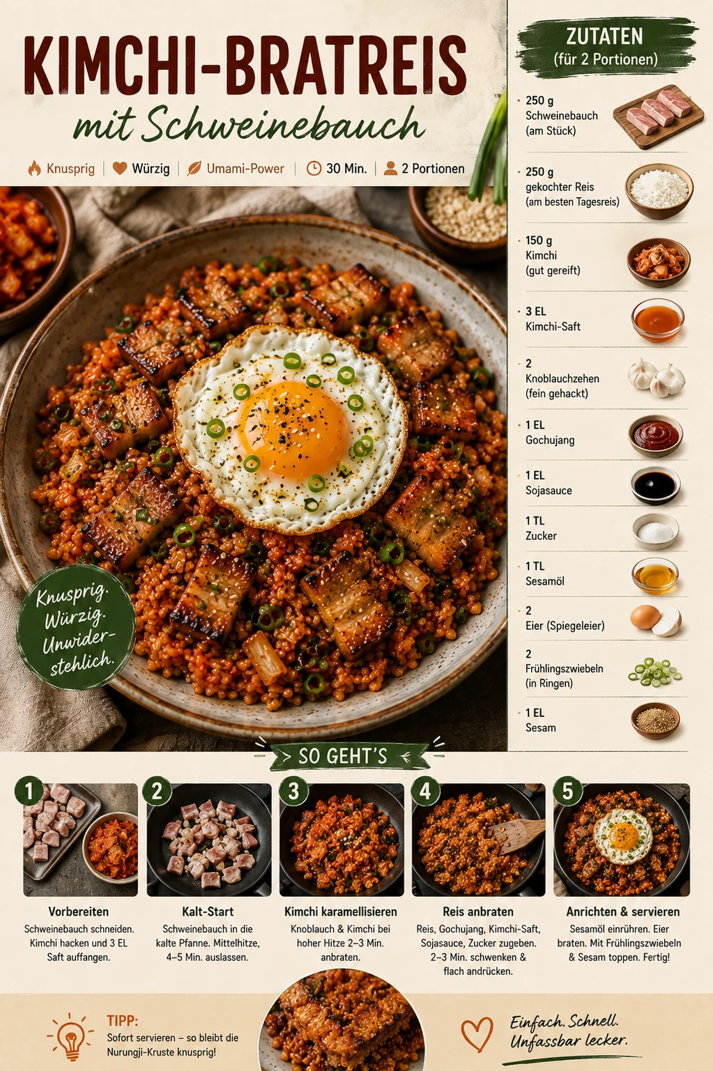 Kimchi-Bratreis mit Schweinebauch von oben fotografiert mit Spiegelei, Frühlingszwiebeln und Sesam