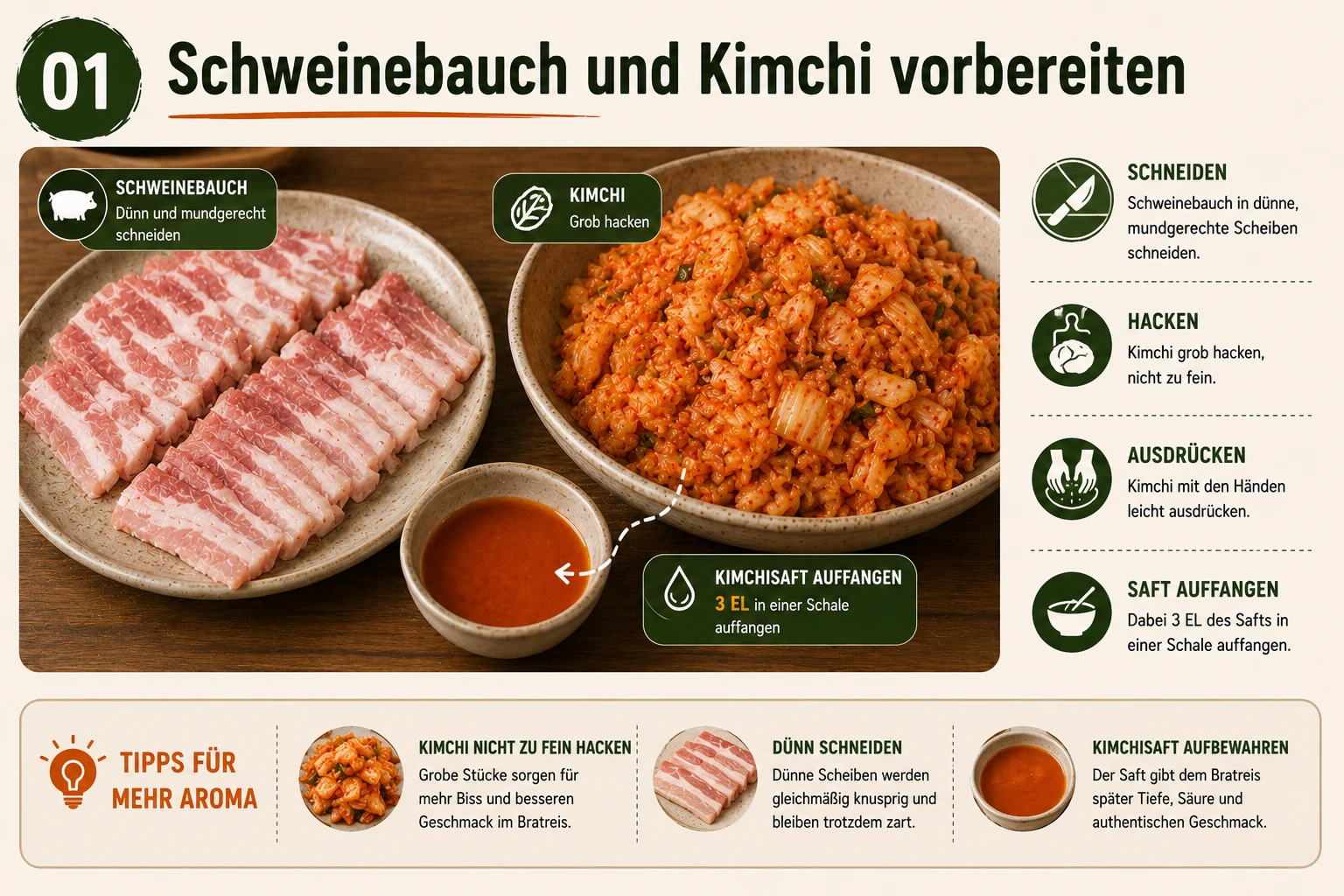 Schweinebauch dünn geschnitten und Kimchi gehackt für Kimchi-Bratreis mit Schweinebauch, Schritt 1