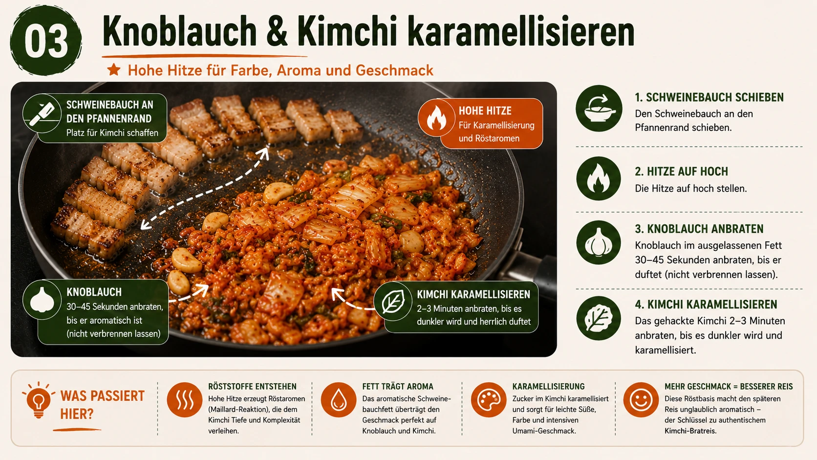 Knoblauch und Kimchi karamellisieren im ausgelassenen Schweinebauchfett, Schritt 3