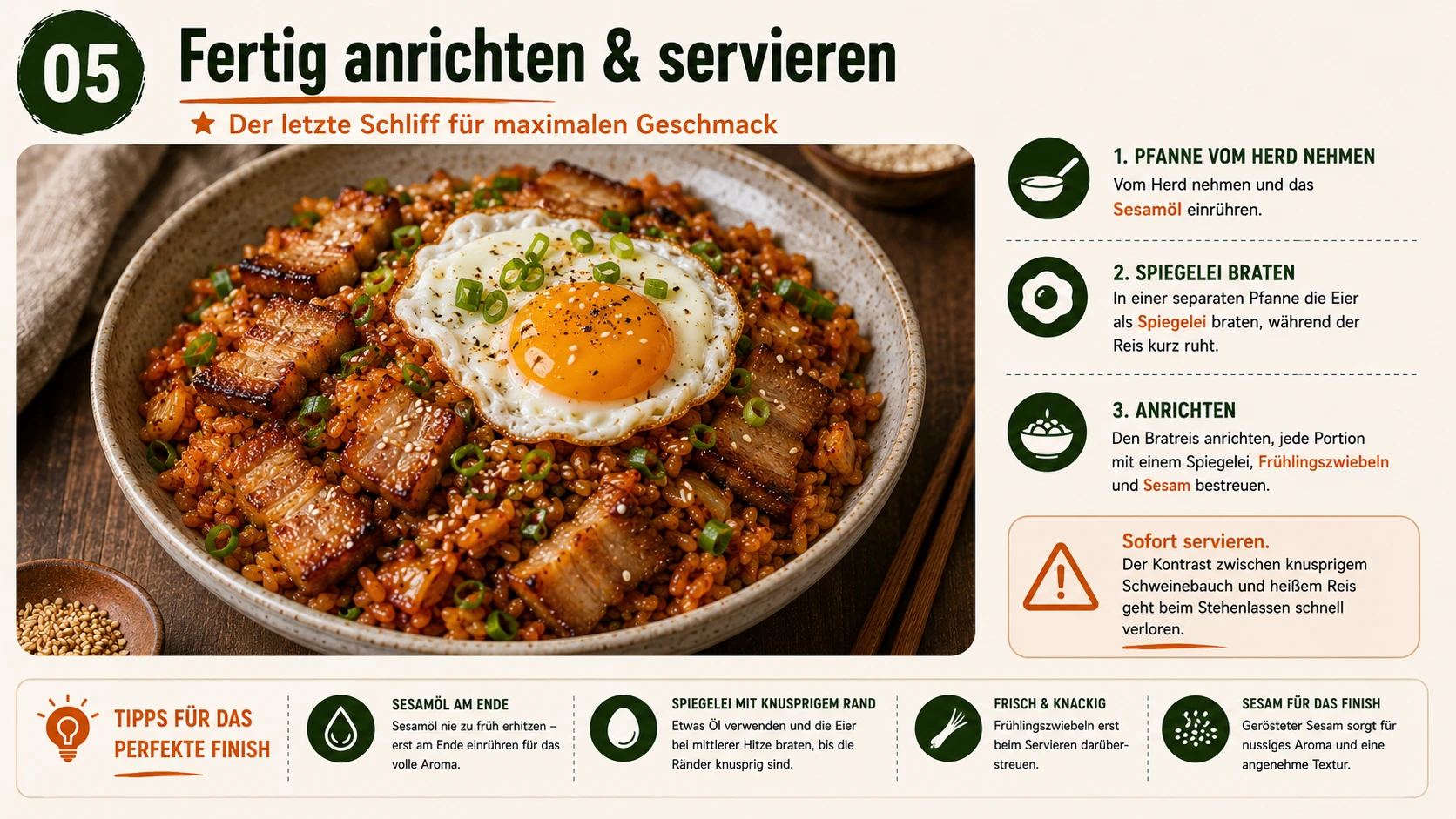 Fertig angerichteter Kimchi-Bratreis mit Schweinebauch und Spiegelei, Schritt 5