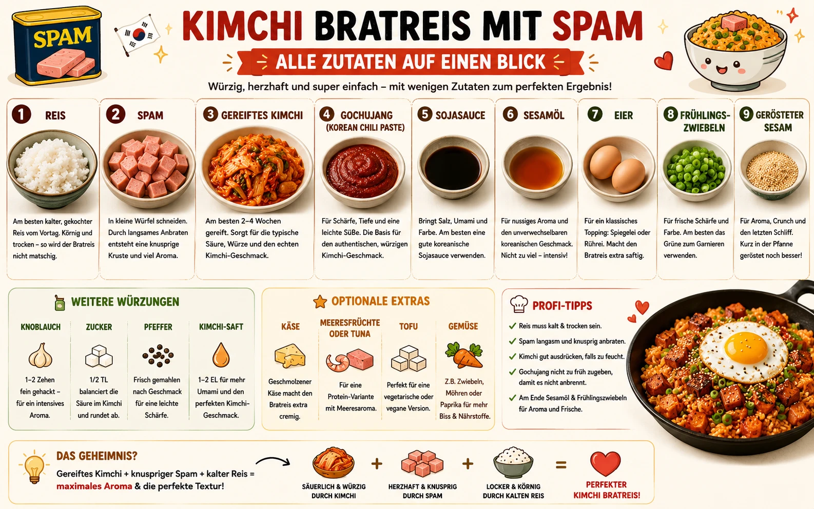Alle Zutaten für Kimchi Bratreis mit Spam auf einen Blick — Reis, Spam, gereiftes Kimchi, Gochujang, Sojasauce, Sesamöl, Eier, Frühlingszwiebeln und Sesam