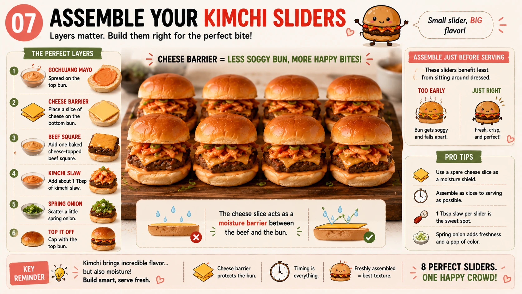 Assembling kimchi burger sliders with gochujang mayo cheese barrier beef square and kimchi slaw