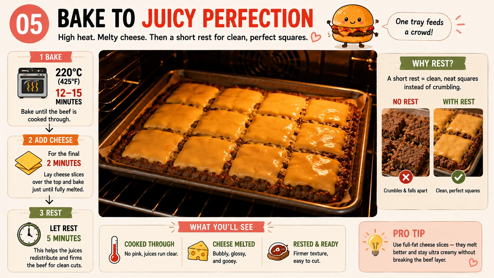 Beef tray baking in the oven with cheese melting on top for kimchi burger sliders