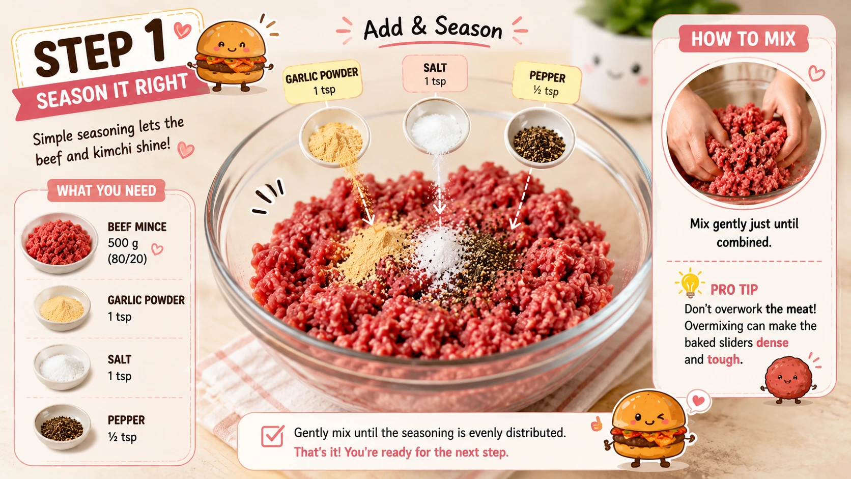 Ground beef being seasoned with garlic powder salt and pepper for kimchi burger sliders