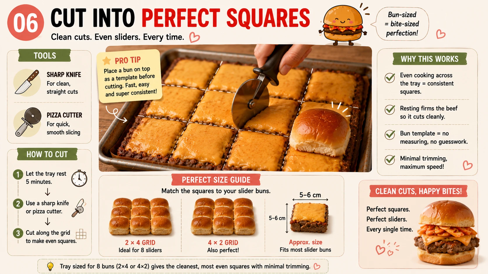 Baked cheese topped beef being cut into individual slider sized squares