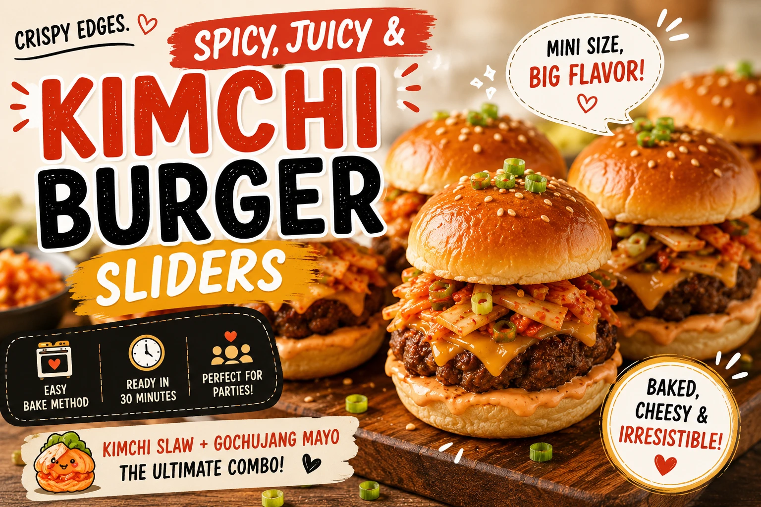 Kimchi cheeseburger sliders party format