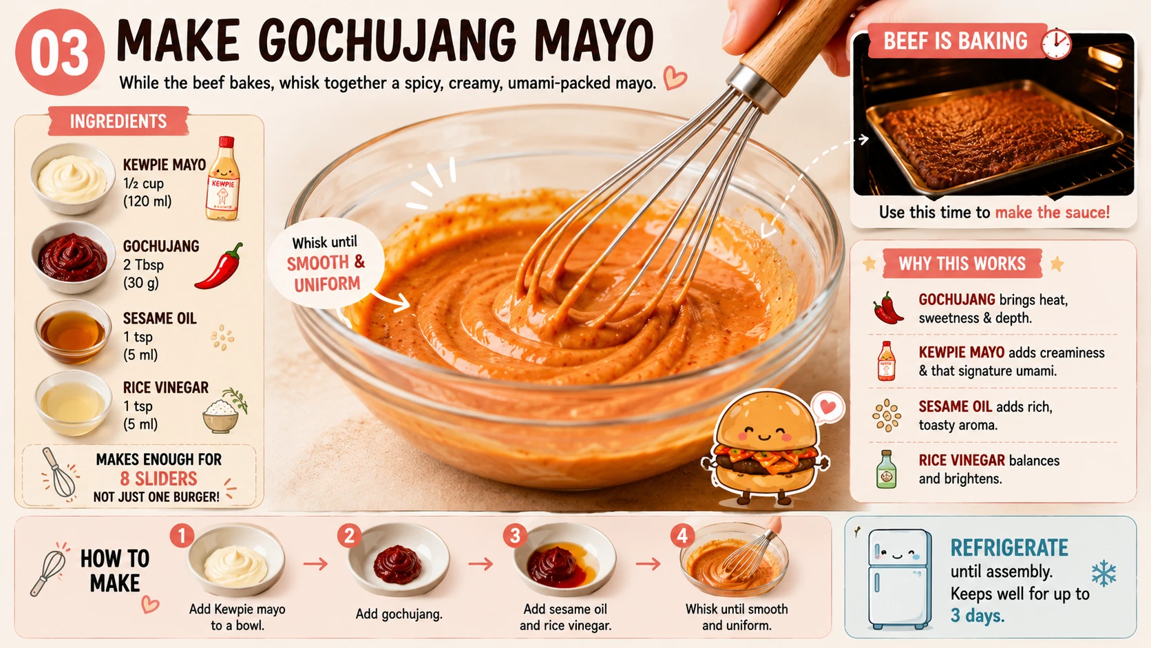 Gochujang mayo being whisked for kimchi burger sliders while beef bakes