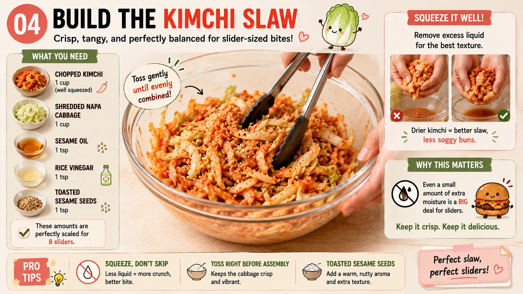 Kimchi slaw being tossed in small portions for kimchi burger sliders